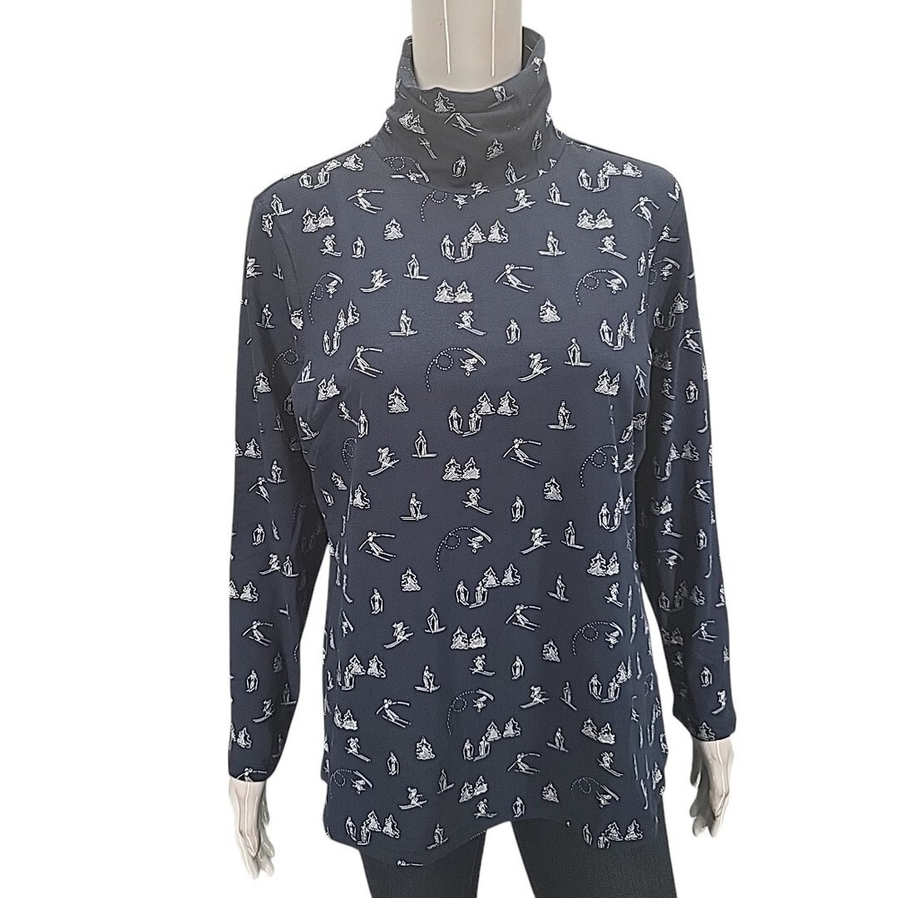 Christopher and Banks Printed Turtleneck Top Petite Large Navy Ski Print NEW